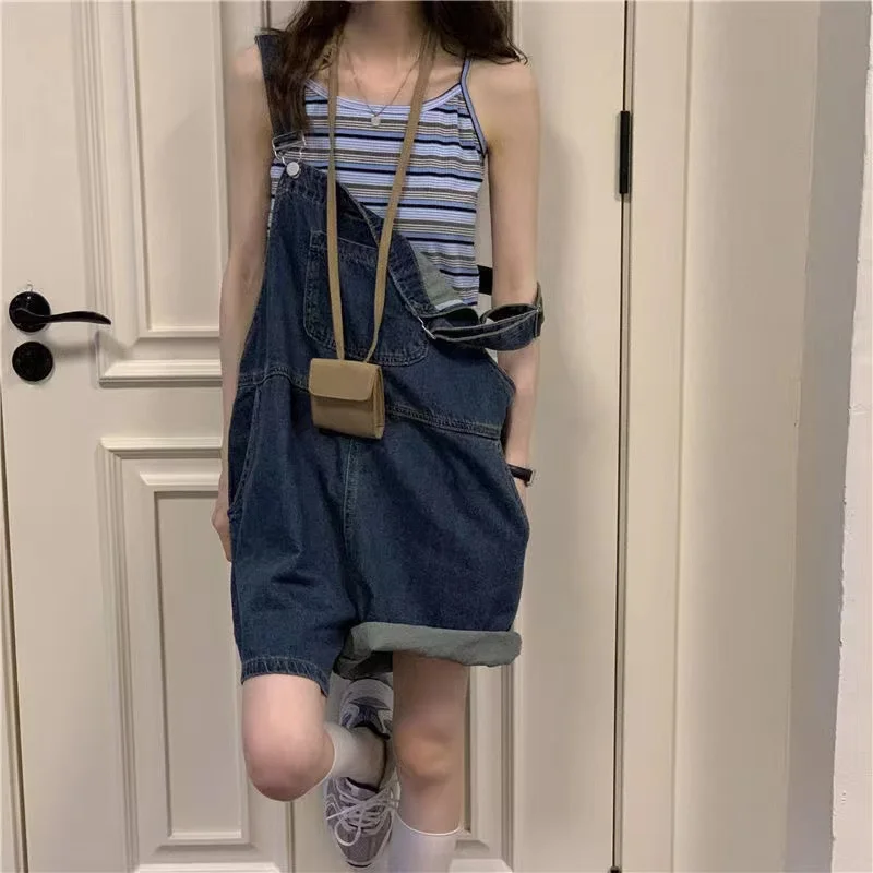 Cute Loose Denim Overalls Women's Summer New Korean Sle High Waist ort Pants Japanese Sle Small Size Jeans Outfit