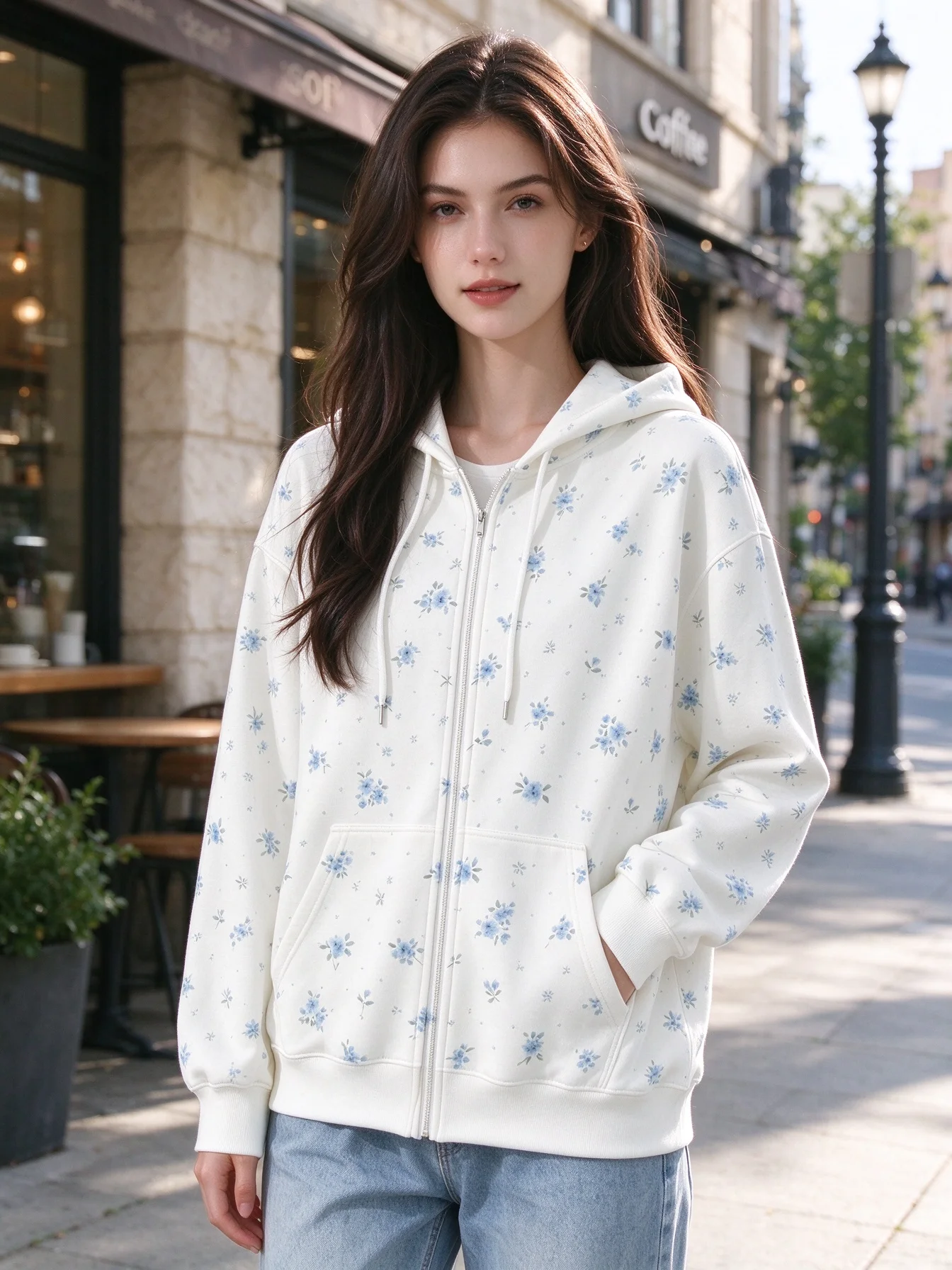Light Blue Floral Zipper Hoodie, Fresh Small Floral Print, Loose, Versatile, Casual, Long-Sleeved Sweatshirt