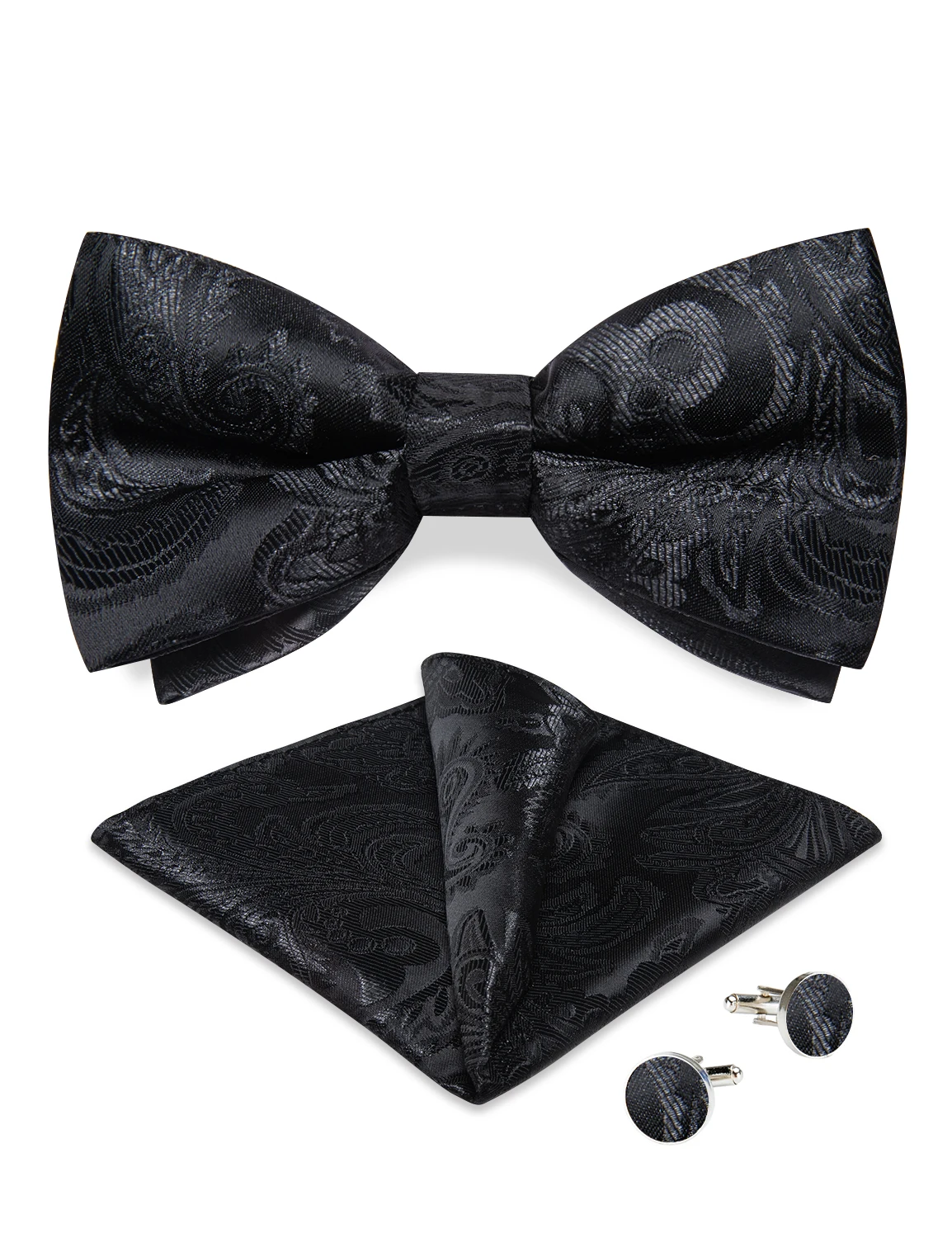 

Paisley Pre-Tied Bow Ties for Men Adjustable Tuxedo Silk Bowties Pocket Square Cufflinks Black Jacquard Woven Butterfly Knots