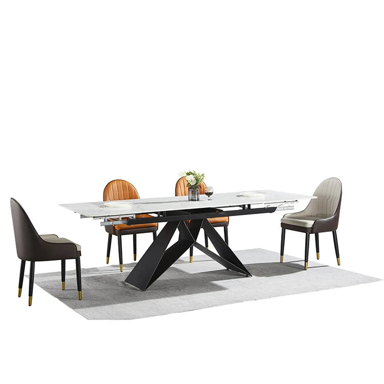 Luxury cross leg dining table black rectangle luxury family extendable dining table with 2 carbon steel legs