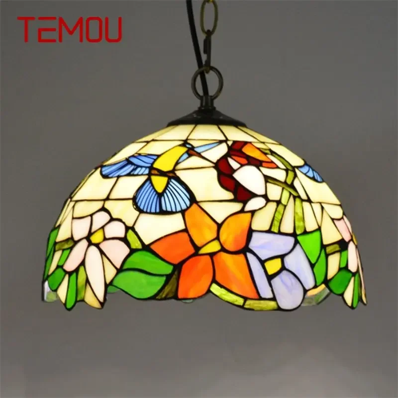 TEMOU Tiffany Pendant Light Contemporary LED Lamp Flower Figure Fixtures For Home Dining Room Decoration