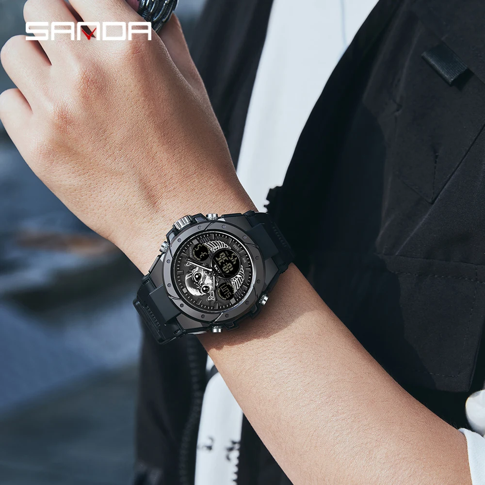 SANDA 6087 موضة رياضية للرجال LED كوارتز ساعات رقمية متعددة الوظائف 5ATM مقاوم للماء سيليكون ساعة معصم إلكترونية عادية #5