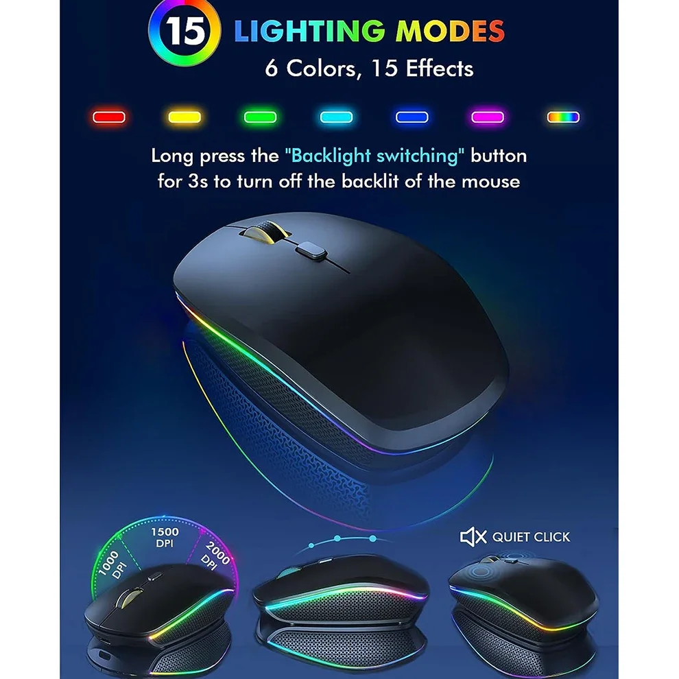 Combinação de teclado e mouse sem fio RGB retroiluminado, letras iluminadas recarregáveis, tamanho completo, ergonômico, modo de suspensão, 2,4 GHz