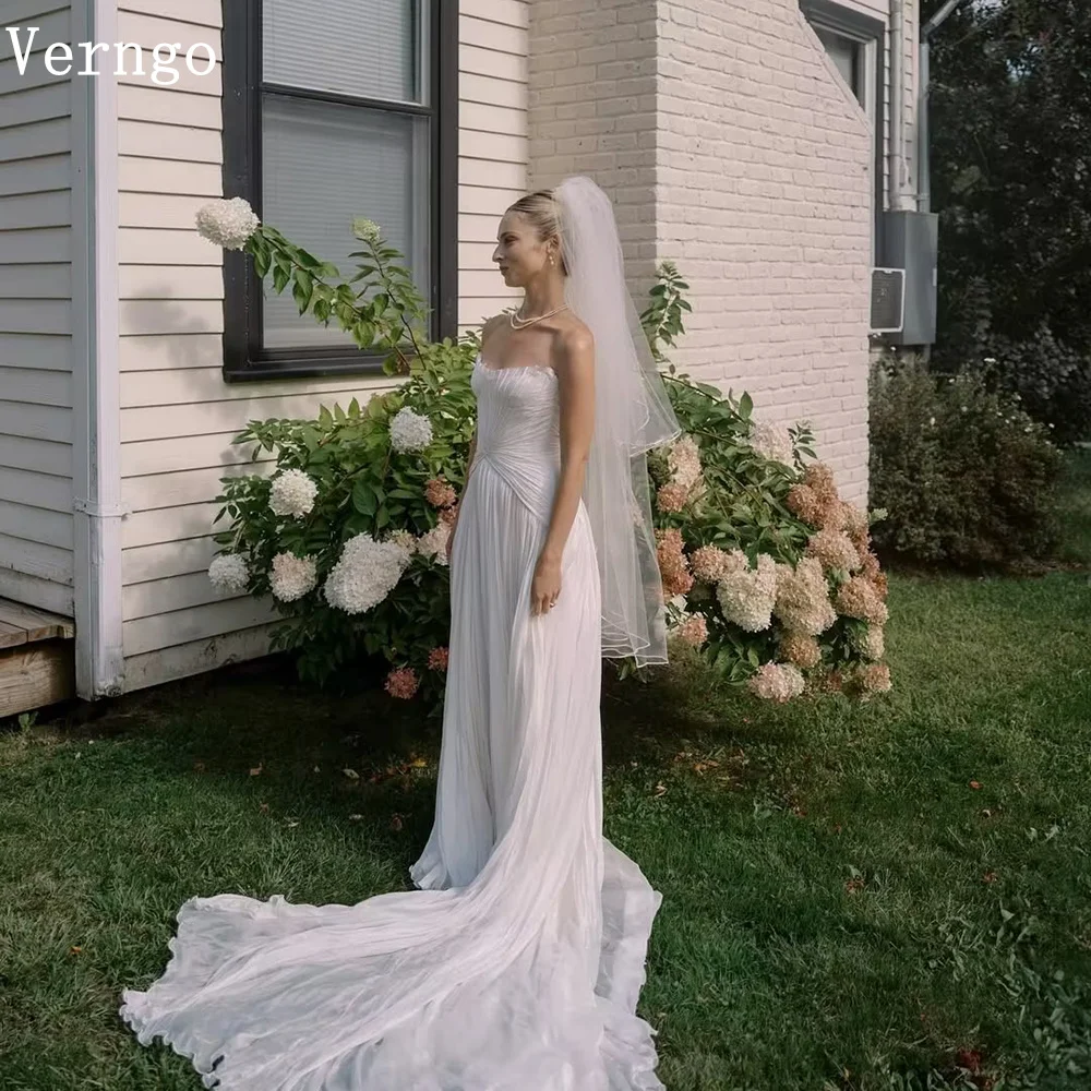 

Verngo Elegant Tulle Wedding Dress Strapless A Line Pleat Bridal Gowns Women Flowing Simple Bride Dresses Customized