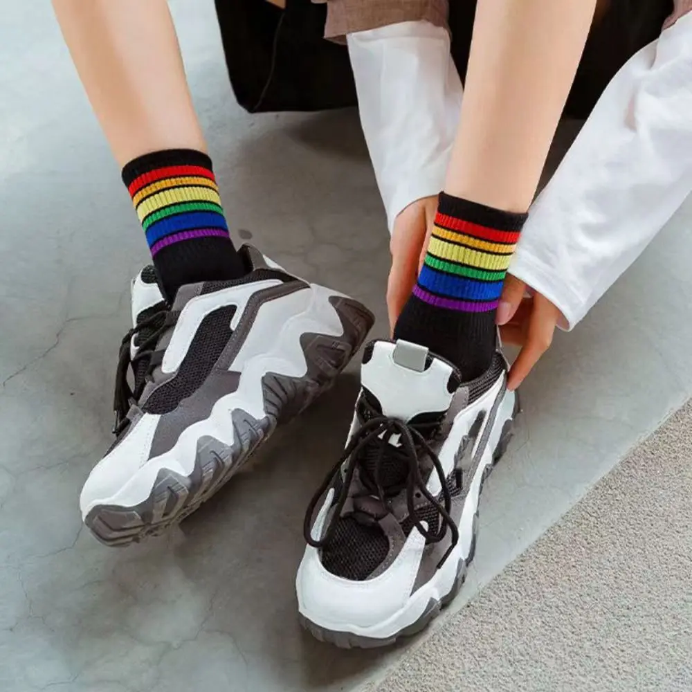 6Pairs Cozy Multicolor Rainbow Stripes Socks Mid-calf Breathable Rainbow Tube Sock Y2K Patchwork Cotton Socks Trendy