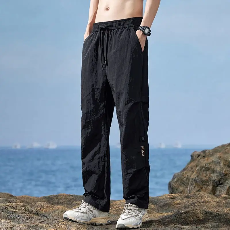 Casual Pants Man Cool Straight Ice Silk Summer Loose Baggy Cooling Thin Pocket Trousers for Men Cotton Original Clothing New In