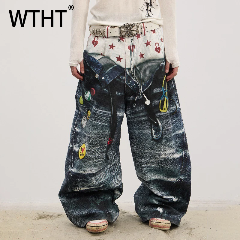 

WTHT модные мужские джинсовые брюки контрастного цвета с граффити, винтажные широкие джинсы в американском стиле, мужские джинсы, осень 2023, 2A2424