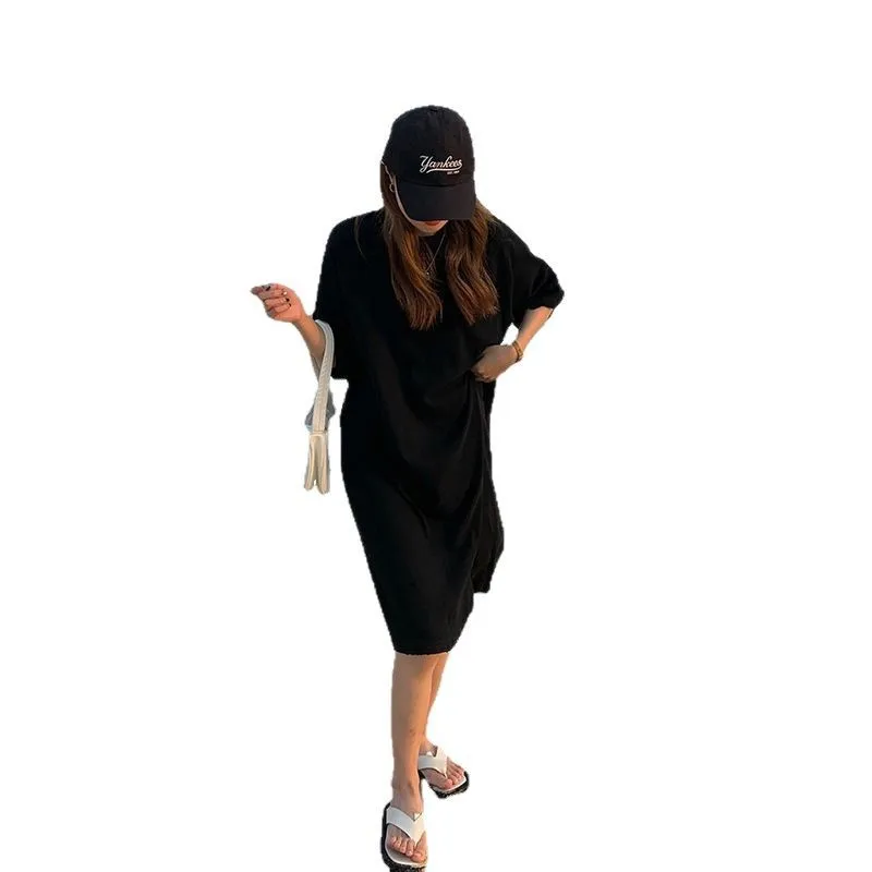 Abito da donna con colletto posteriore in cotone con spalle scoperte, edizione coreana estiva, gonna t-shirt a maniche corte ampia da media a lunga per donna