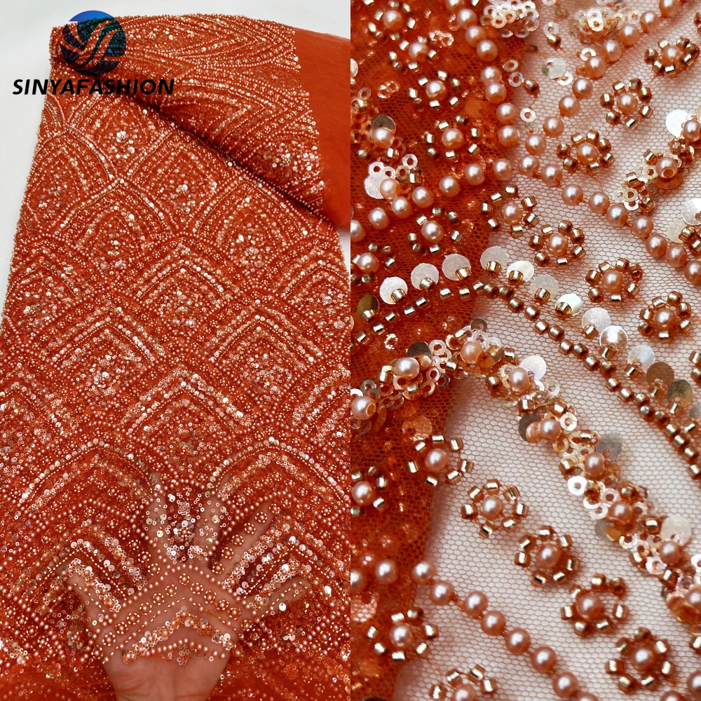 

Tim Orange Embroidery Sequins Pearls African Nigerian French Mesh Tulle Lace Fabric 2024 High Quality Luxury Beaded Wedding Lace