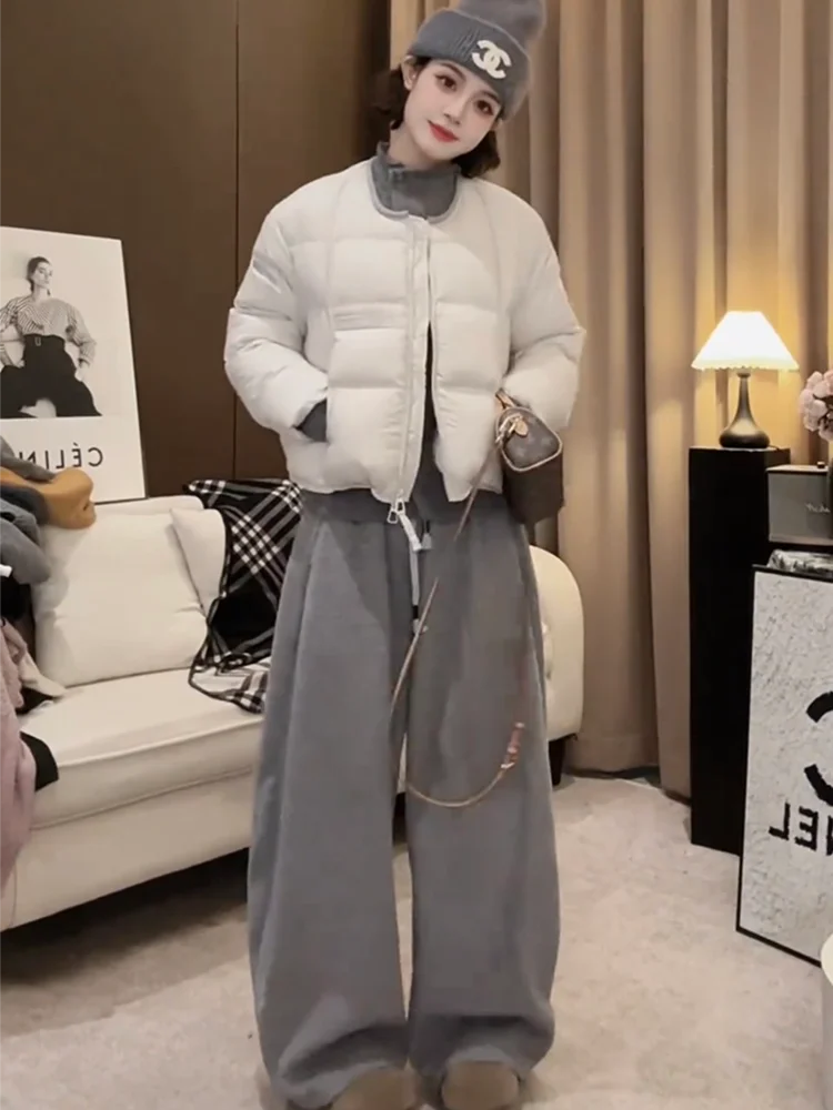

Fall Winter White Duck down Jacket Thickened Short Casual Commute Warm Outerwear Korean Style Loose Fit Long Sleeve Coat