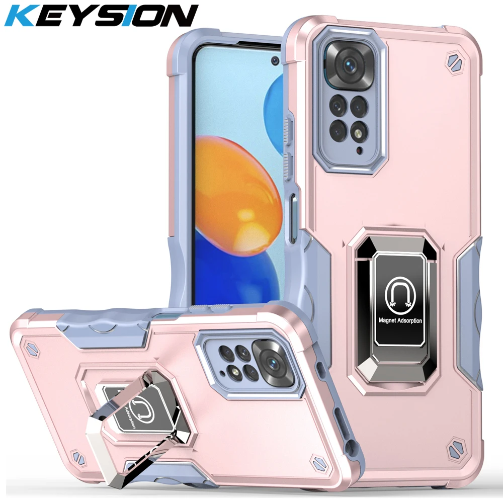 KEYSION Shockproof Armor Case for Redmi Note 11 11S 12 Pro+ 5G Ring Stand Phone Back Cover for Xiaomi Redmi Note 10 10S 10A 10C