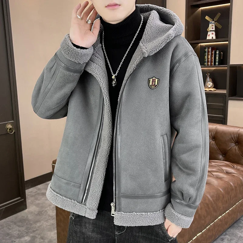 2022 Winter Fur Leather Jacket Men Hooded Lamb Wool Motorcycle Jacket Thick Warm Casual Streetwear Social Coat Men Clothing