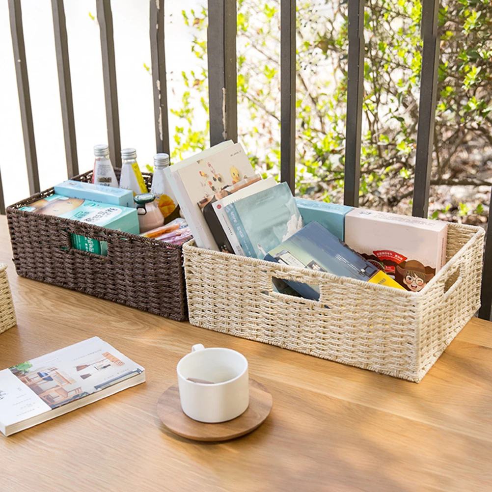 

Multifunctional Rattan Woven Storage Basket Handmade Brown Decorative Box Fiber Paper Rope Coffee Table Wardrobe Use