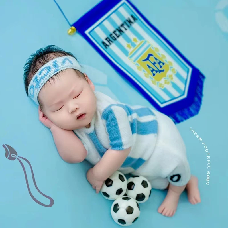 0-1 Month Newborn Knit Photography Outfit Football World Cup Theme Knitted Clothing Headband Football Prop Baby Creative Picture