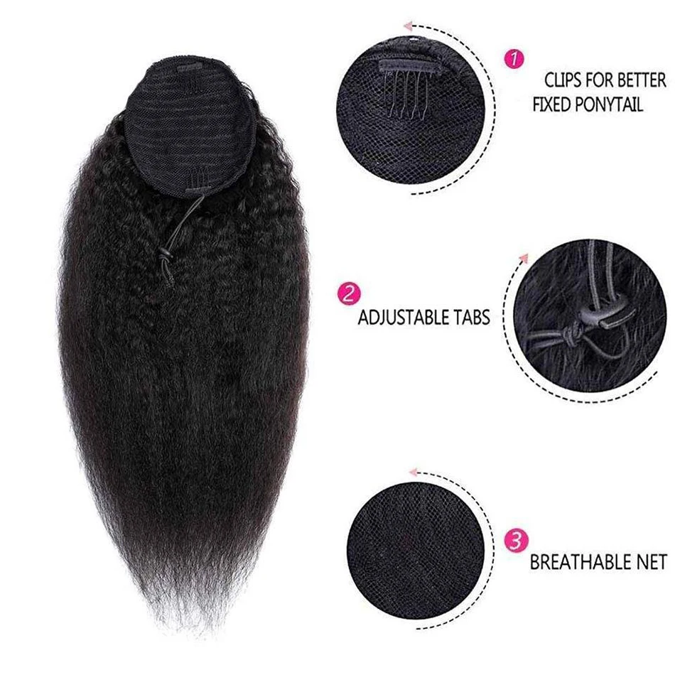 Maxine Kinky Straight Drawstring Ponytail Human Hair Extension Wrap Around Ponytail Long Pony Tail Clip in Hairpiece For Woman