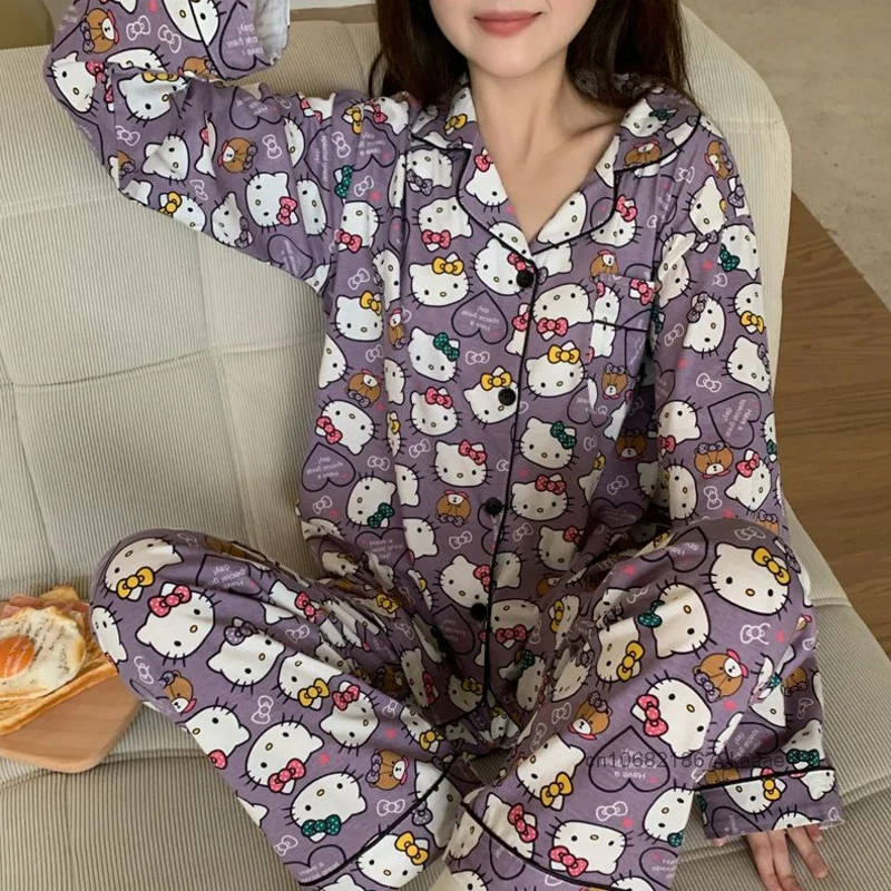 Sanrio Hello Kitty Japanese Style Long Sleeved Sleepwear Cute Cartoon Printed Home Clothes Women\'s Spring Autumn Pure Cotton Set