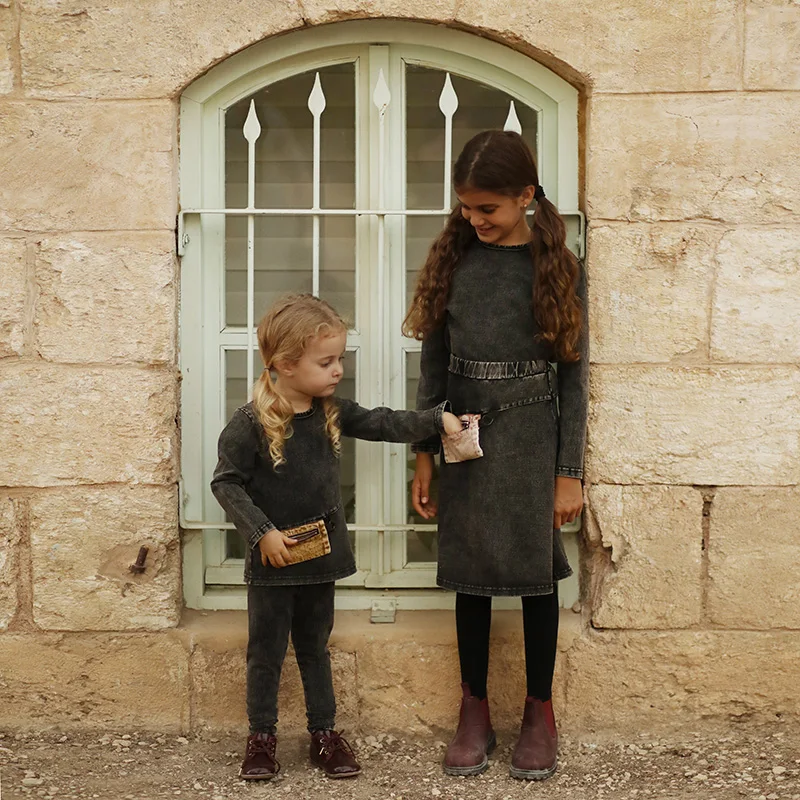 

Family sibling matching clothes black denim washing girls 2pcs set boys shirt top baby boy and girls set colorful denim pockets