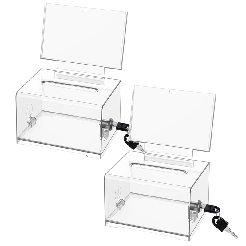 Caja transparente de donativos con cerradura, paquete de 2 urnas con soporte para letreros, caja de sumisión para recolección de fondos, caja de votación, nuevo