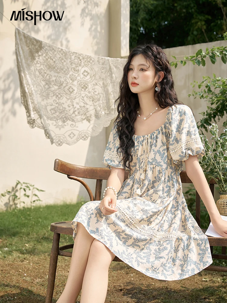 MISHOW French Floral Printing Dress for Women 2024 Summer Vacation U Neck Lace-up Bubble Sleeve Loose Doll Dresses MXD27L1898