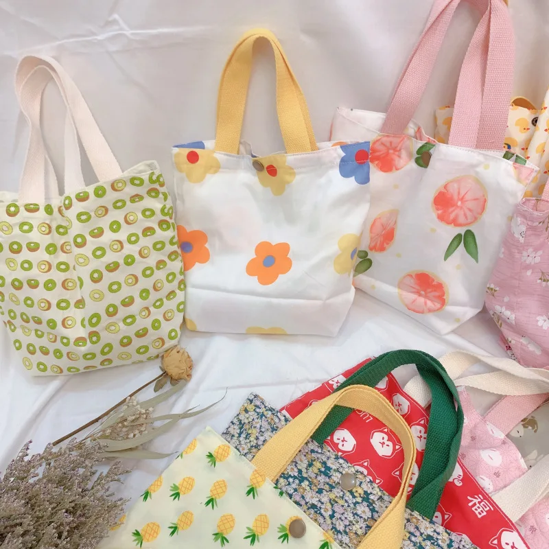 Female Handbag Cute Mini Floral Printing Canvas Travel Portable Shopper Storage Bags for Women Casual Tote Mini Lunch Bag