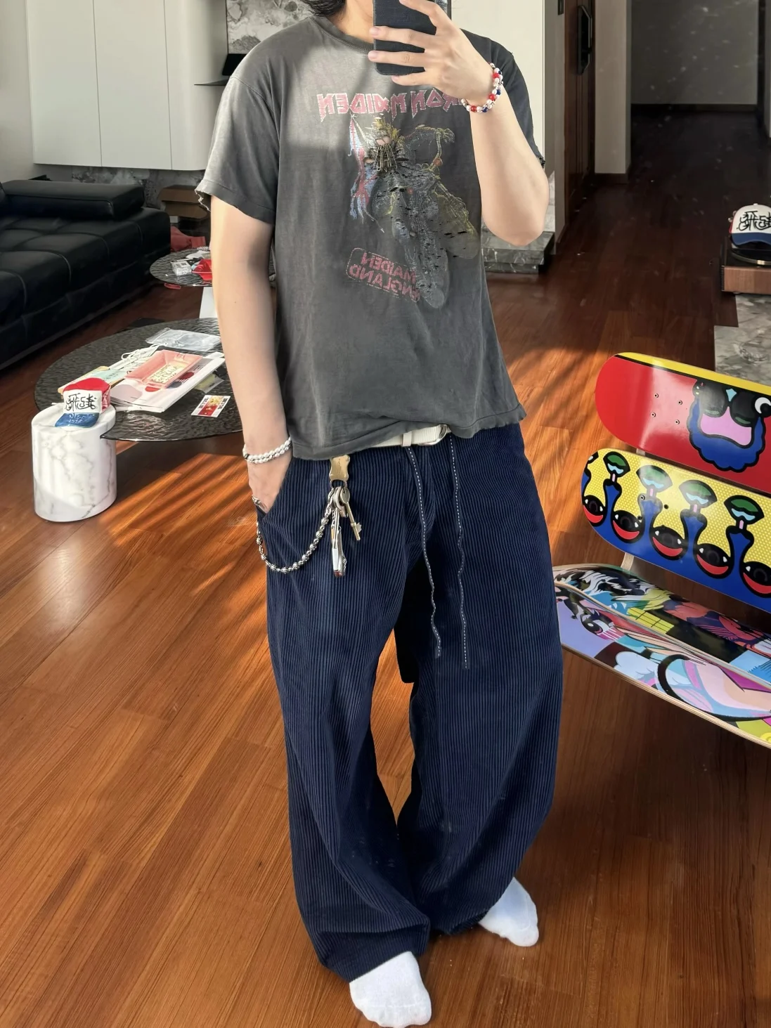 

Deep Blue Corduroy Wide Leg Pants Dstring Design Retro Casual Trousers Straight Cut Men's Faion Winter Collection