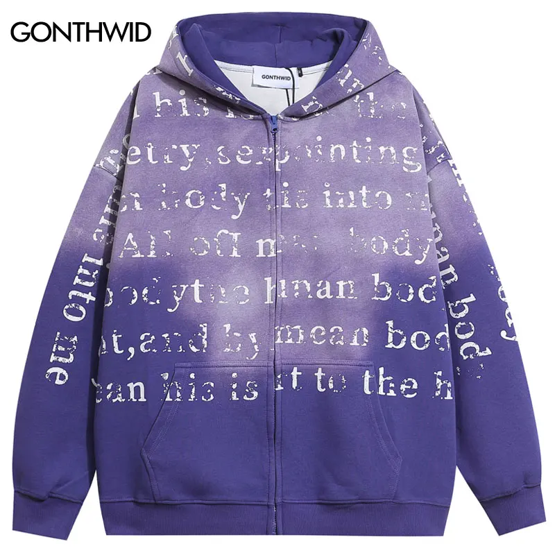 

Vintage Oversized Hoodie Jacket Y2K Graphic Letter Print Full Zip Hooded Sweatshirt Grunge Hip Hop Loose Washed Streetwear Tops