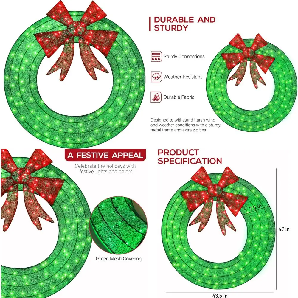 LED Lighted 48 Inch 3D Outdoor Christmas Wreath with 140 Lights and Red Bow, Holiday Garden Decoration