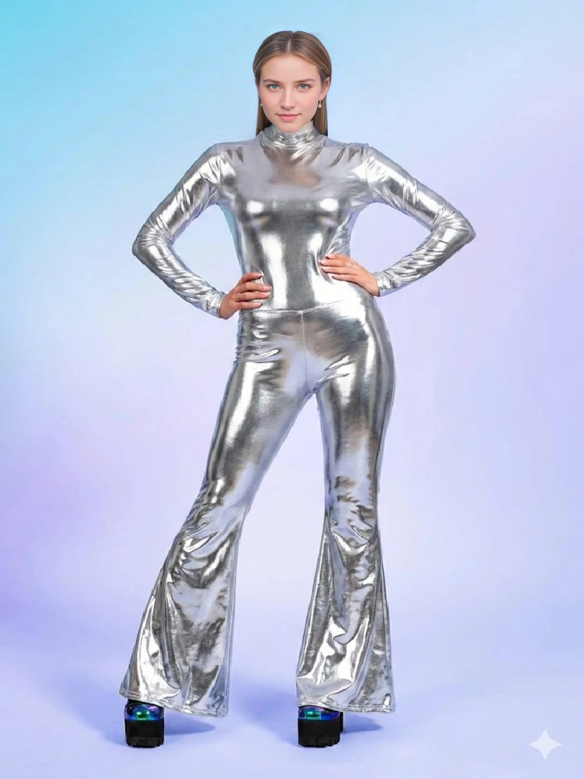 Damen Rollkragen-Jumpsuit mit Glänzendem Metallic-Effekt und Schlaghose, Schillernder Glänzender Bodysuit für Nachtclub, Disco, Bühne und Party – Detail 4