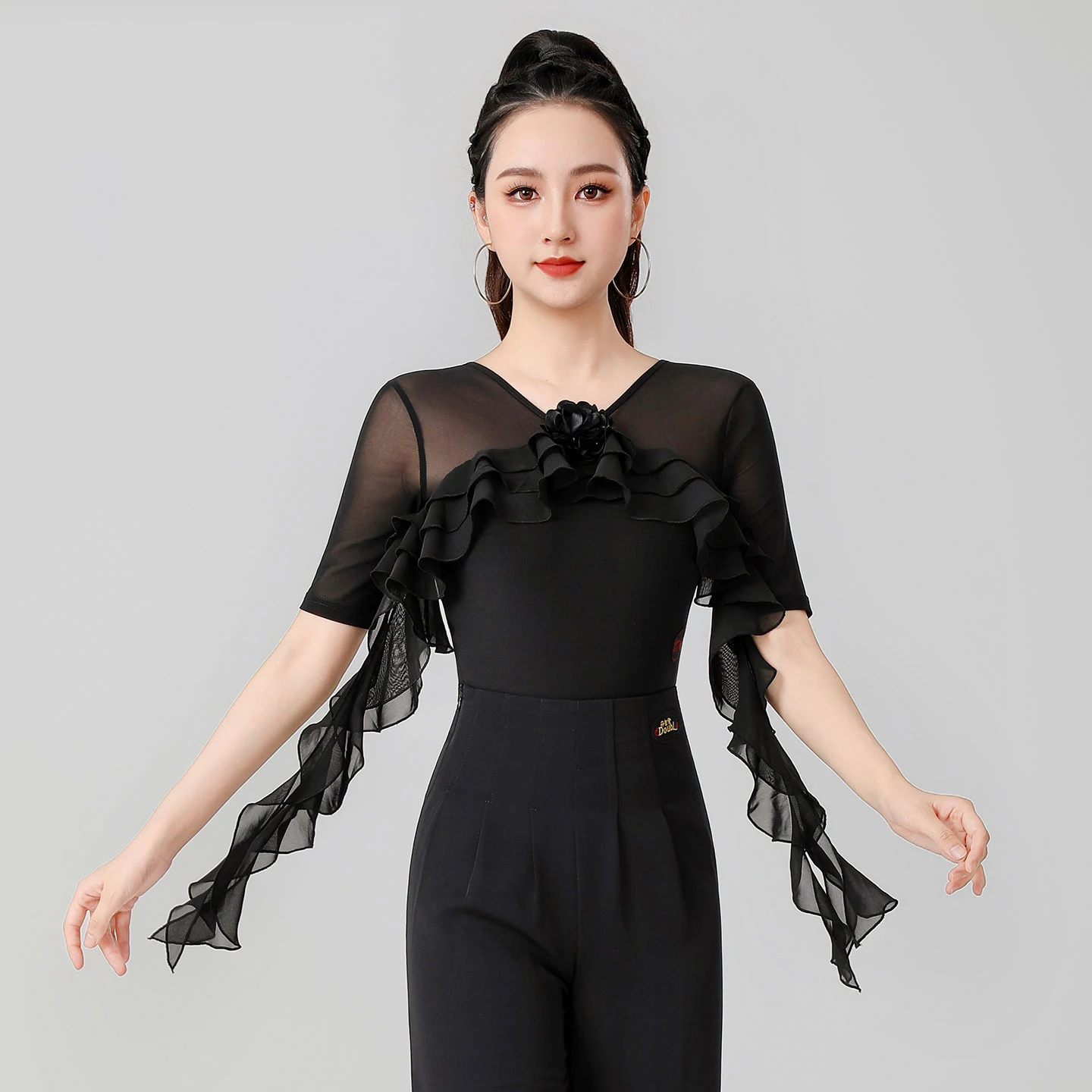 

2025 New Modern Dance Top Women'S Flounce Half Sleeves Jumpsuit Chacha Rumba Tango Dance Dress Latin Dance Costumes Wear DN20894