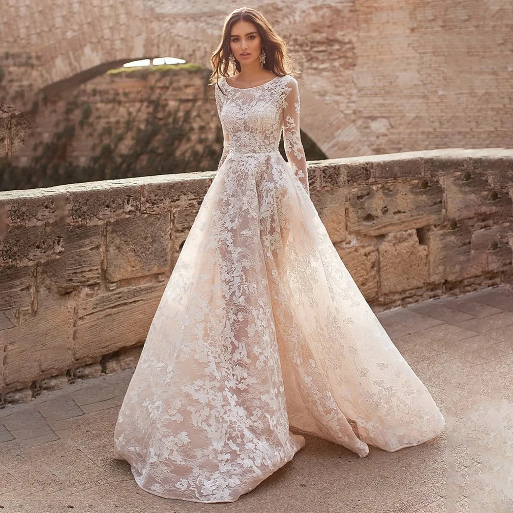 

Elegant A Line Boho Wedding Dress For Women Long Sleeve O Neck Lace Appliques Bridal Gown Tailor Made Princess Dresses