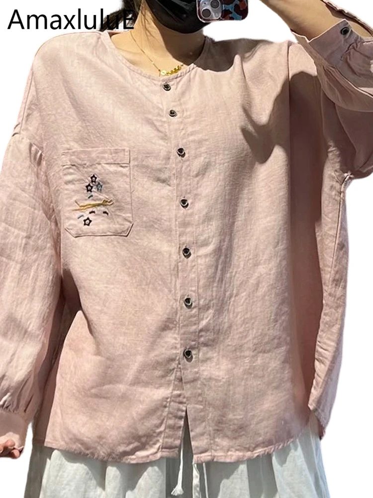 

Amax LuluE 2026 Spring Shirts Womens Embroidery Blouses Loose Cotton Linen Tops Ladies Classic Leisure Vintage Floral Clothing