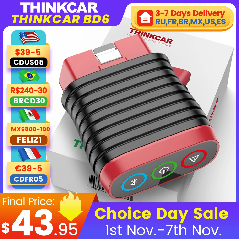 

THINKCAR BD6 obd2 Scanner Bluetooth, Wireless All System Diagnostic Tool for iOS&Android, 5 Resets Lifetime Free