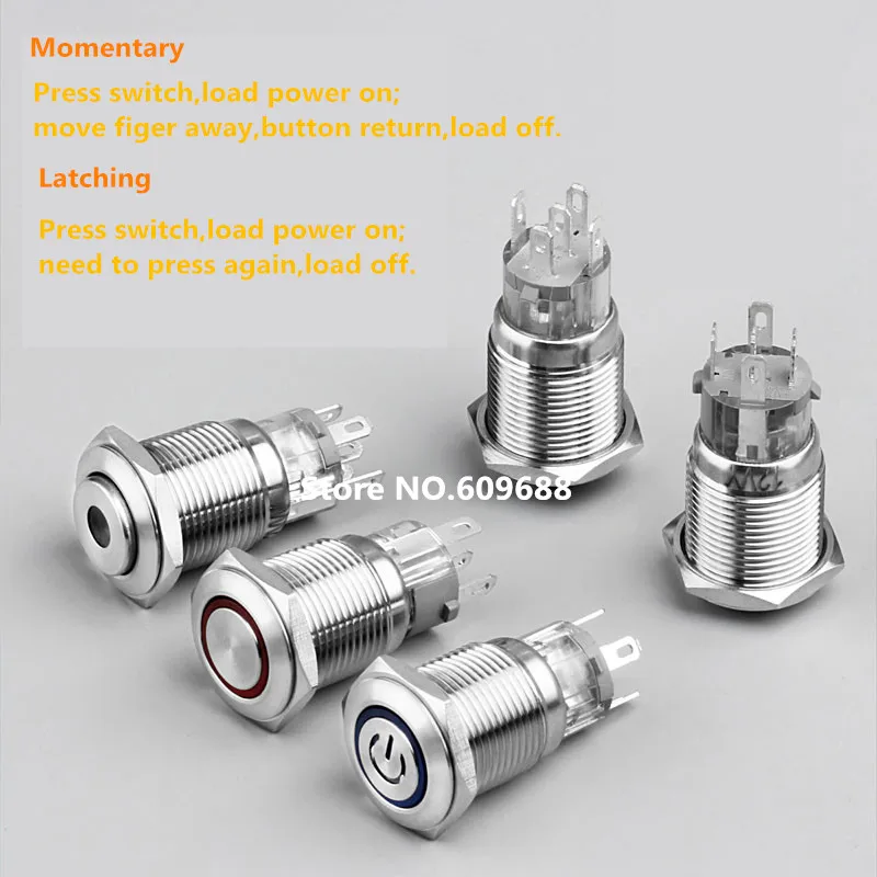 16MM with Connector 16mm Water Proof Metal Push button Switch Automobile switch with Light Laching/Momentary Switch