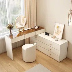 Modern Vanity Desk with LED Lighted Mirror, Luxury Corner Makeup Vanity Table 6 Drawers and Large Storage Dressing Table Shelves