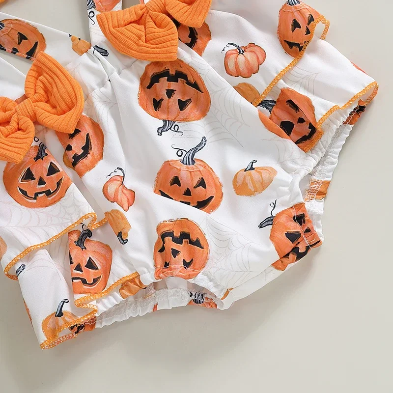 Baby Clothing Girl Long Sleeve Romper with Pumpkin Print Overall Shorts Headband Newborn Halloween Clothes