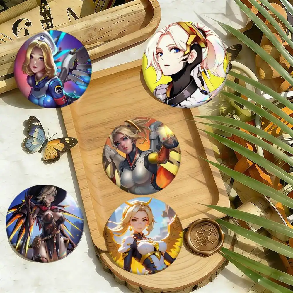 Game Mercy Overwatch Badges 25 32 44 58 75 Mm Round Cosplay Pin Bag Decor Fans Collect Friends Gifts Brooch Souvenir