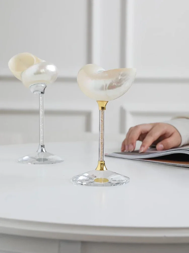 2Pcs Natural Conch Shell Goblet Glass,Champagne Wine Glass, Kitchen Drinkware Set, Natural Coastal Decor with Gold/Silver Handle