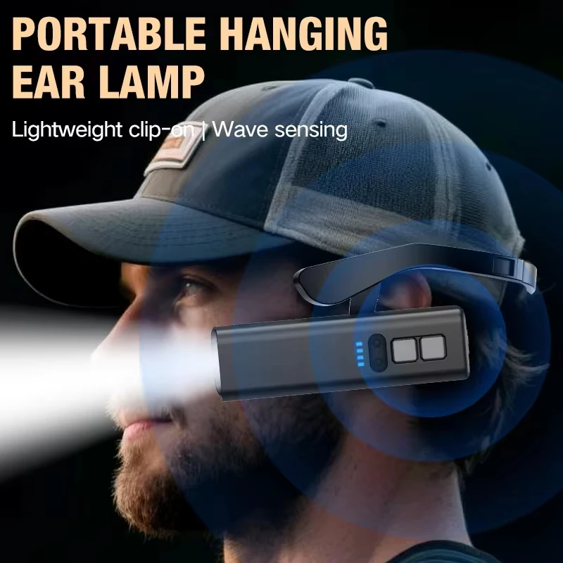 Waterproof Rechargeable Ear Clip Headlamp Hands-Free Motion Sensor LED Head Light for Fishing Hiking Running Camping