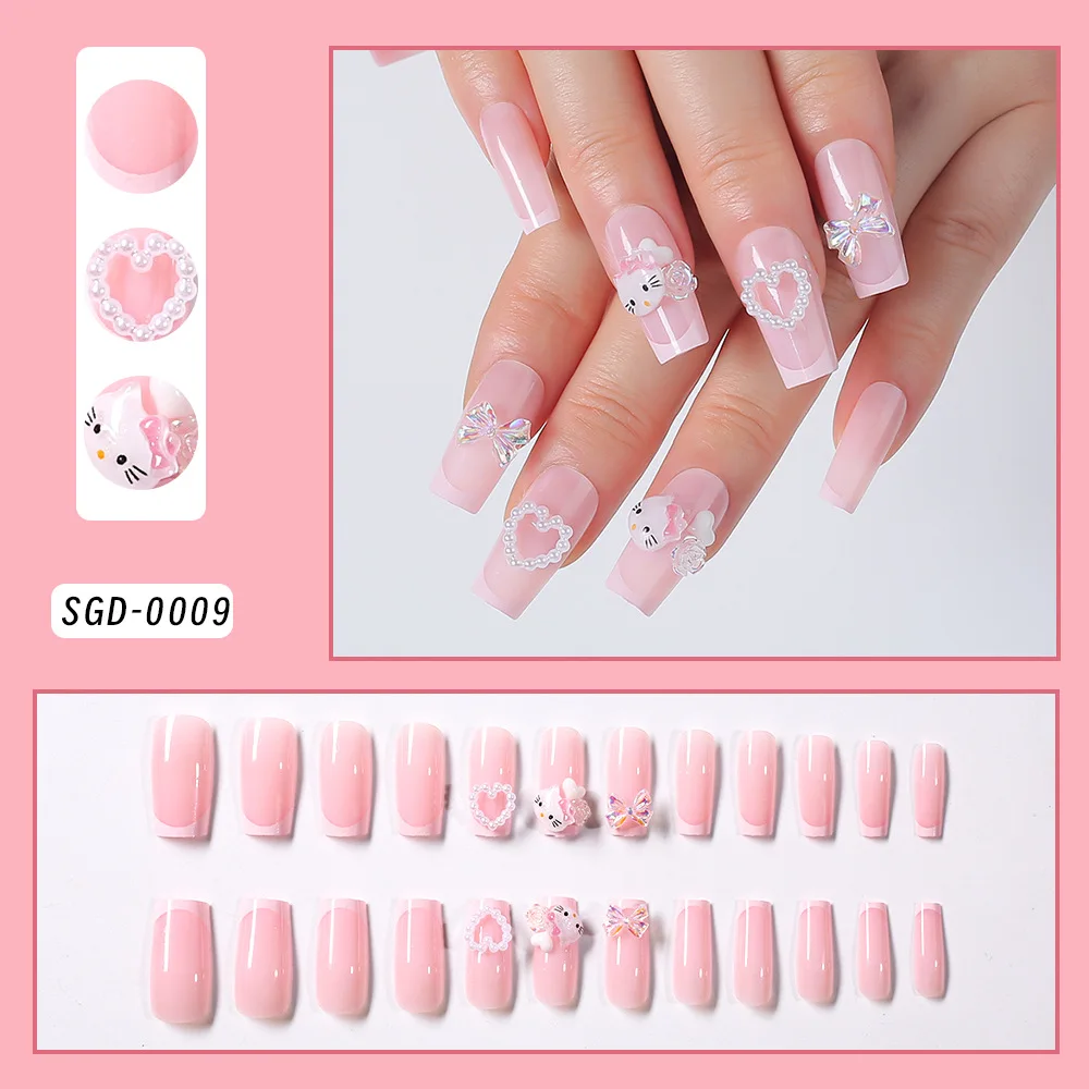 

Носимые ногти серии Sanrio KT, 24 шт., разноцветные стразы средней длины, типсы для ногтей Pure Desire Pearl