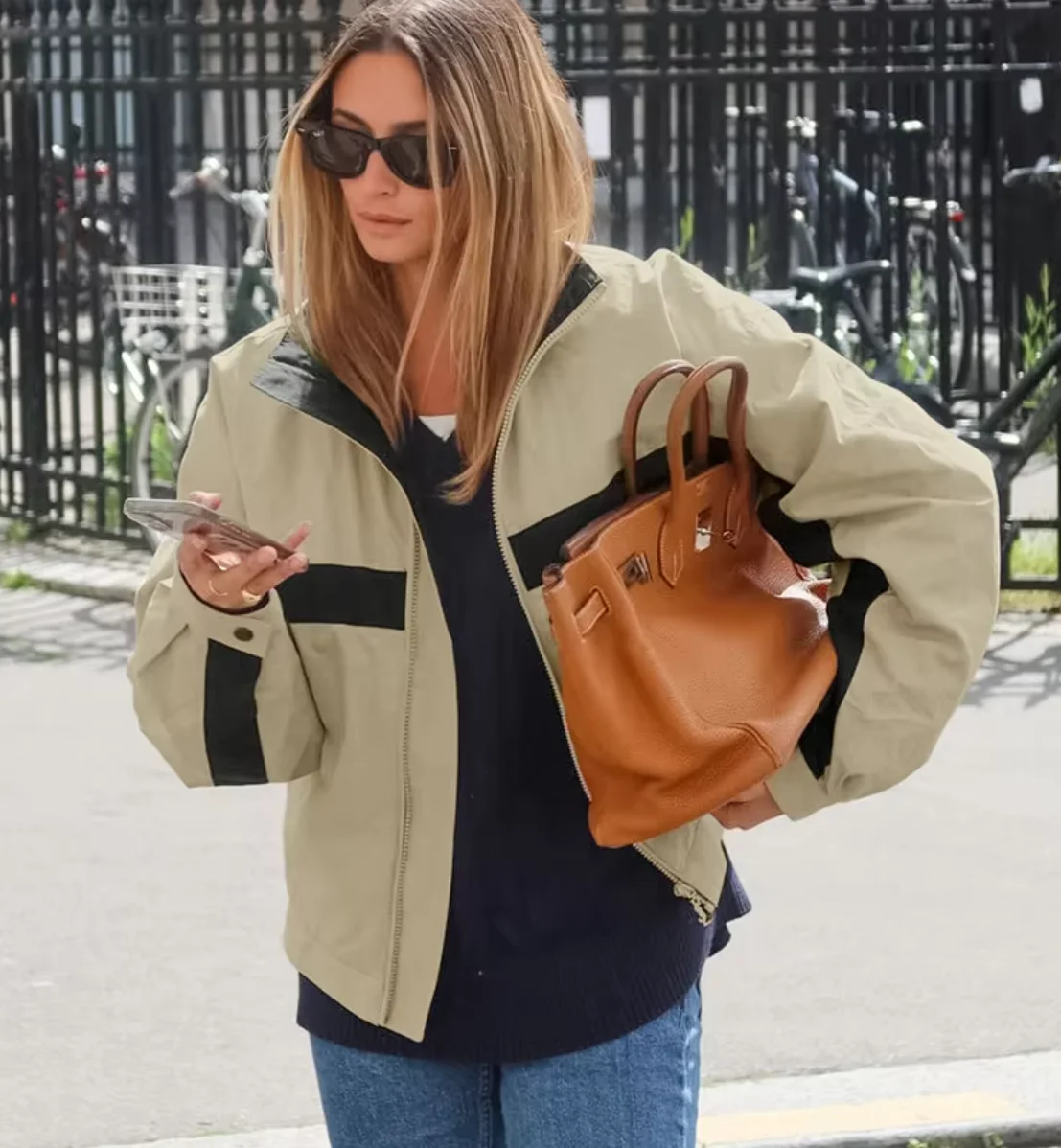 Guobioziy Women's Jacket 2026 Summer New Khaki Long-Sleeve Stand Collar Color-Block Loose Jacket Parka Casual Fashion Unique