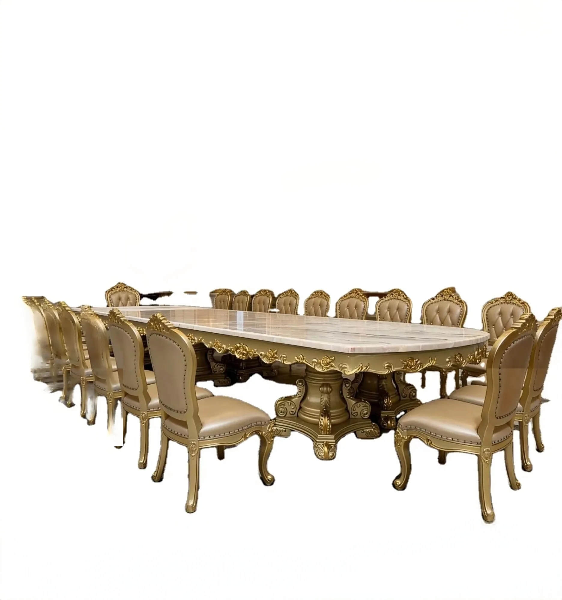 #Royal Classic Gold Solid Wood Turntable European Style Rectangle Dining Room Furniture 6-Seater Extra Large Dining Table for