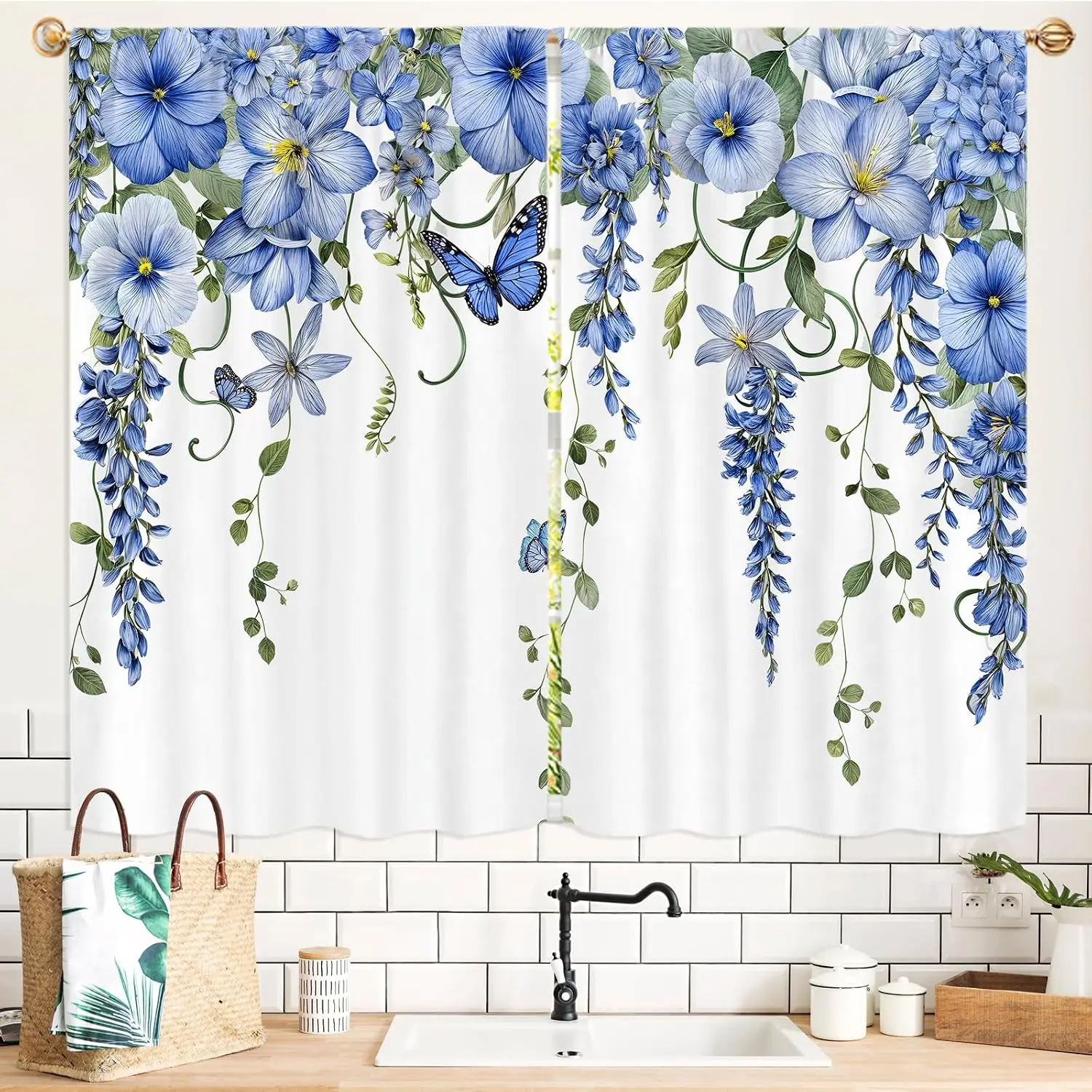 Blue Watercolor Floral Botanical Curtains Drapes 2pcs Waterproof Privacy Curtain for Bedroom Home Decor