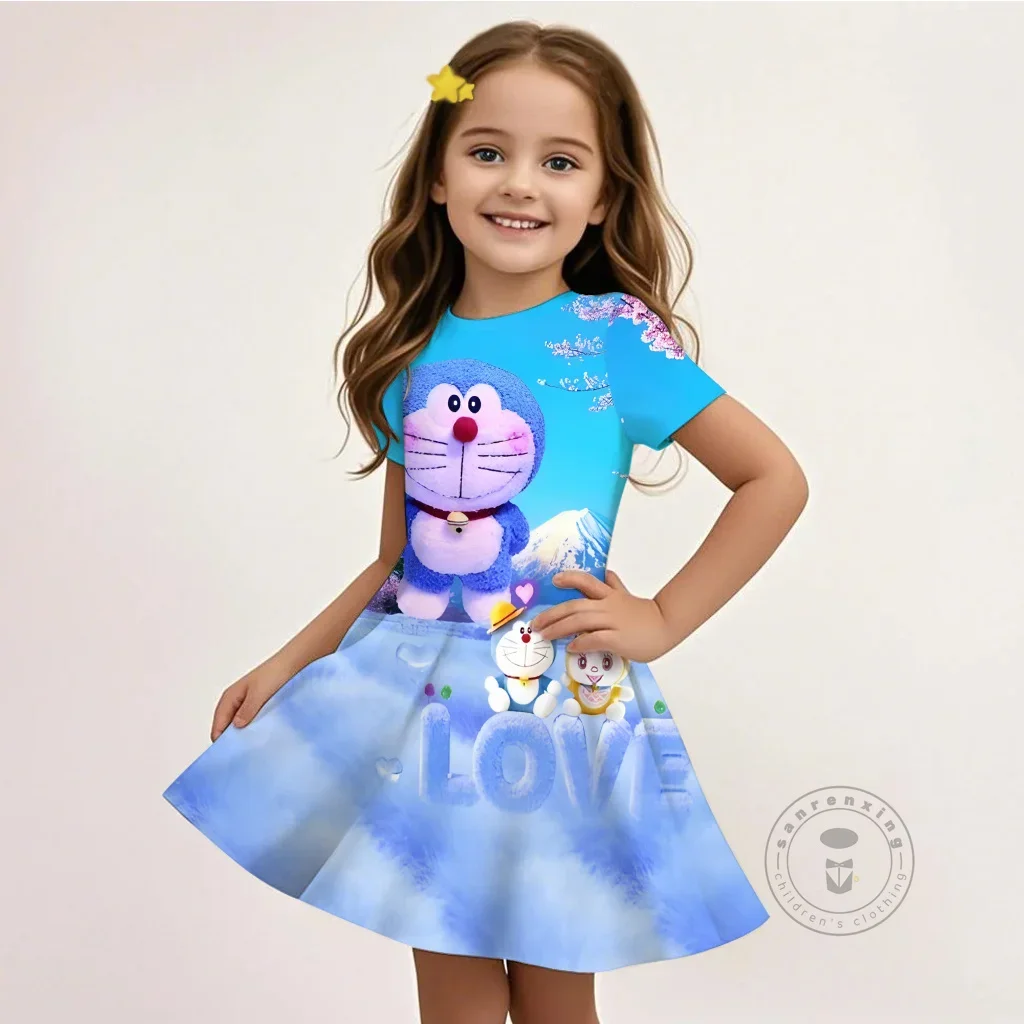 

Самое продаваемое платье Doraemon с 3D принтом для девочек, с коротким рукавом и круглым вырезом, осенне-летнее кавайное милое свободное платье для детей 3-14 лет