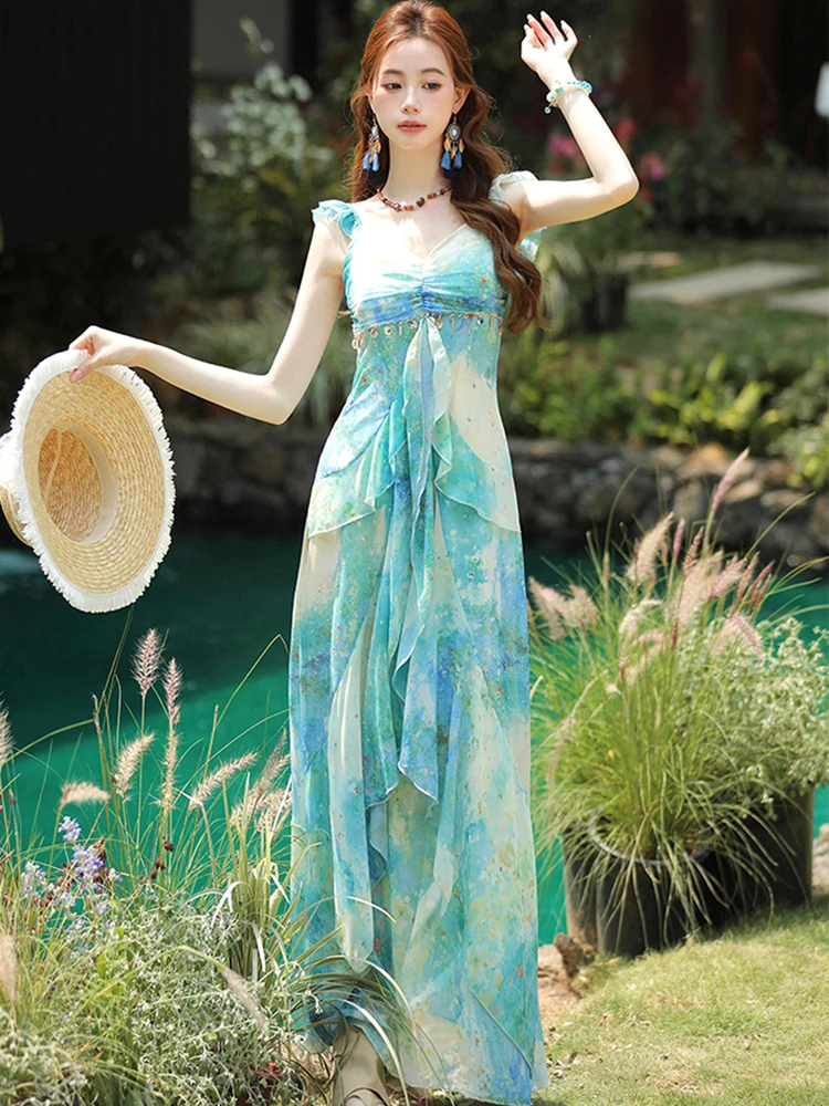 ฤดูร้อนสีเขียวพิมพ์สแควร์คอสลิงชุดยาวผู้หญิง Elegant Chic Ruffled Beach Dress 2025 เกาหลีหรูหราชุดราตรี