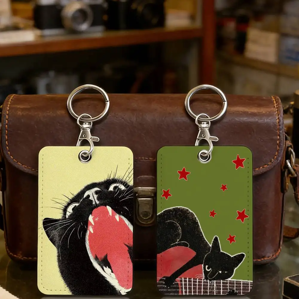 Cute Cat Funny PU Soft Leather Rectangular Key Card  Protection Cover Youth Faion Accory Card Holder