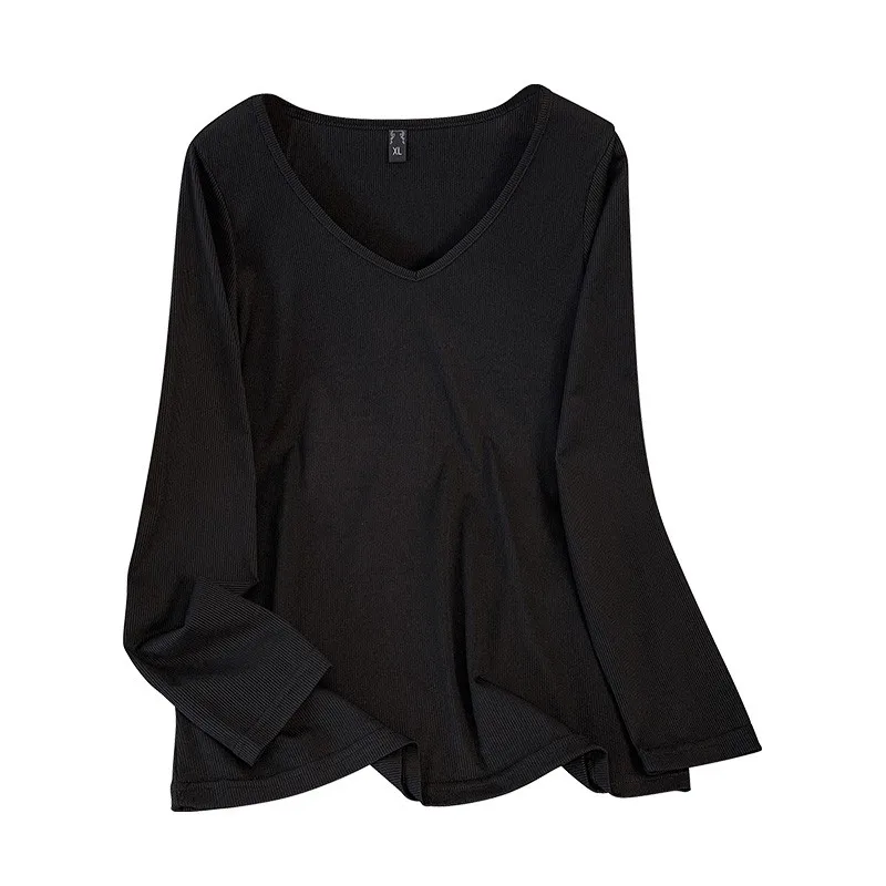 Plus size, versatile base shirt Korean version new slimming V-neck long sleeved T-shirt top 3350