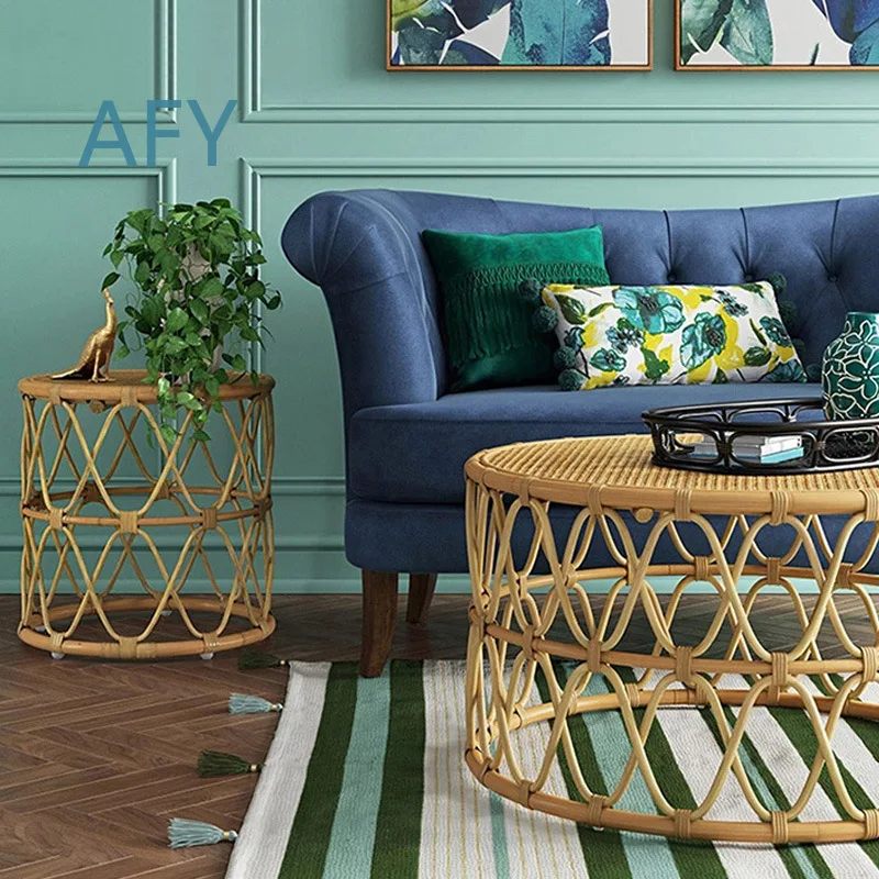 ins round coffee table woven small coffee table rattan corner few B & B Internet celebrity small apartment living room balcony