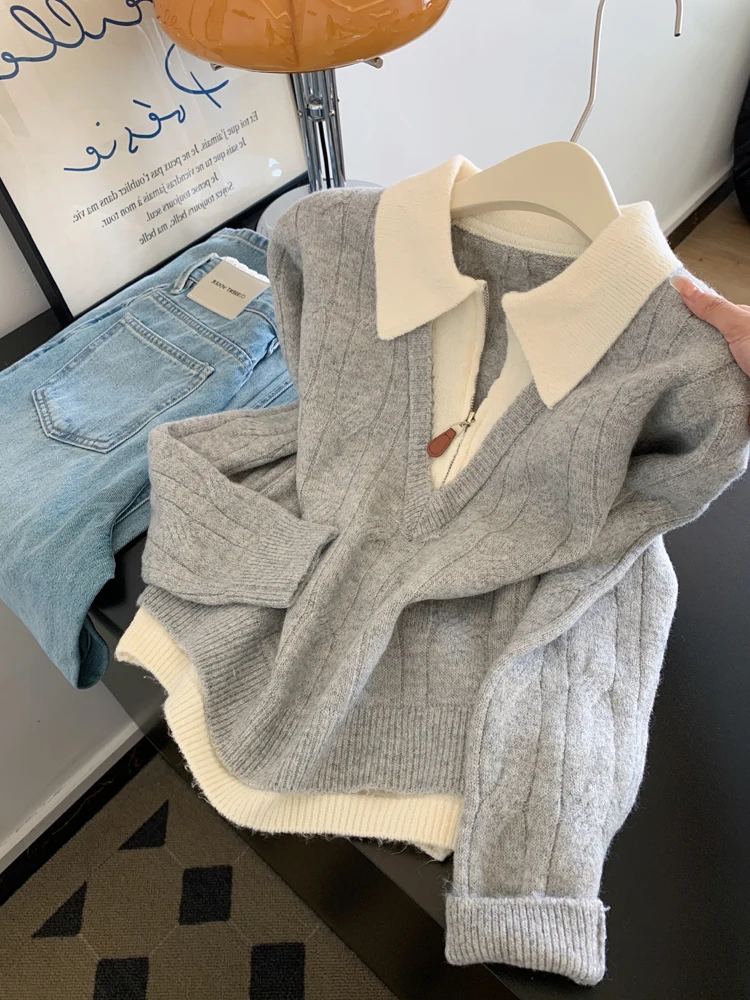 

Мягкий вязаный свитер с длинными рукавами в стиле колор-блок для женщин, весна-осень, корейский стиль, милый универсальный свитер с воротником-стойкой