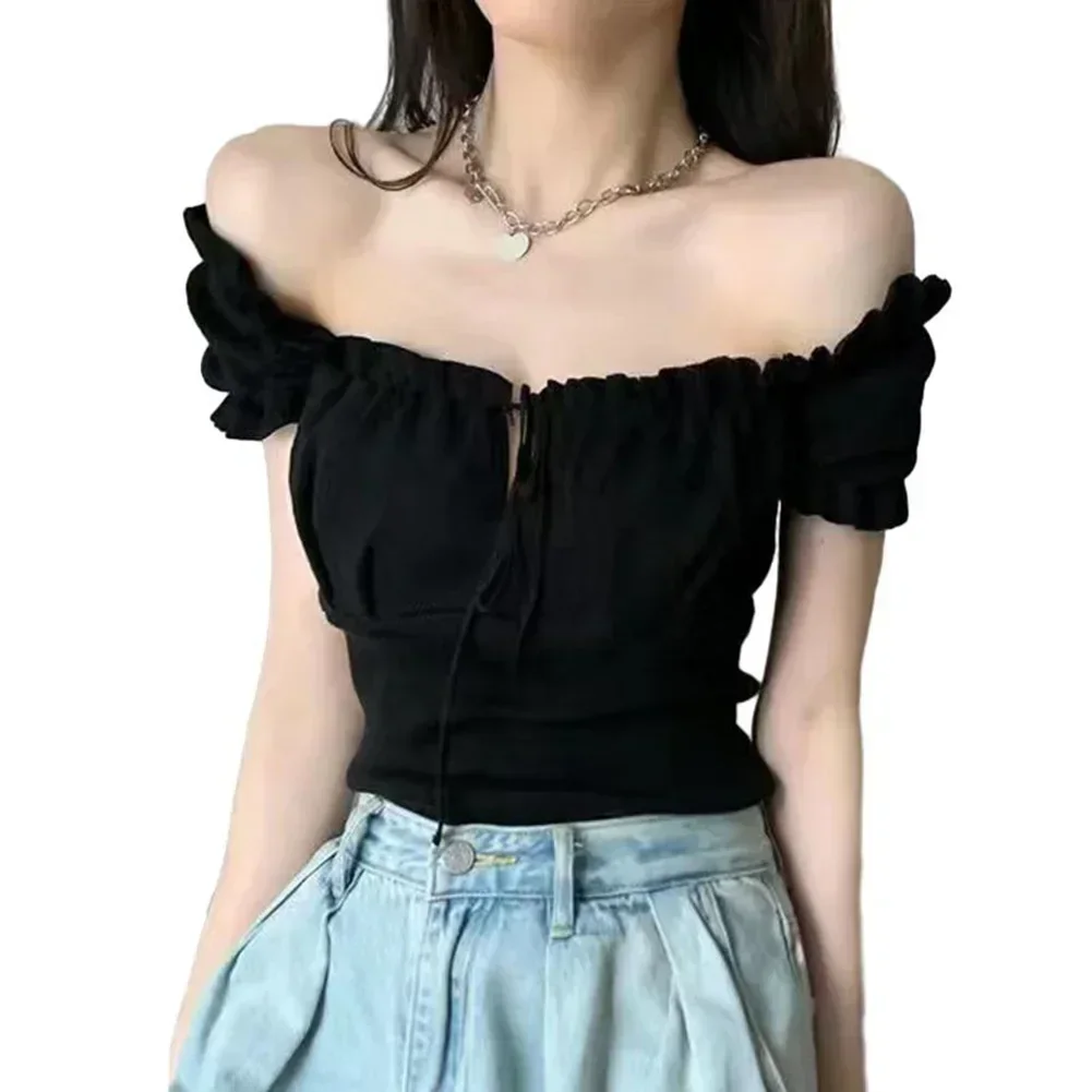 Y2K T-Shirt Women Crop Top Hottie Lace Lady Dress One-shoulder Top Drawstring Splicing Tube Top Fashion Pastoral