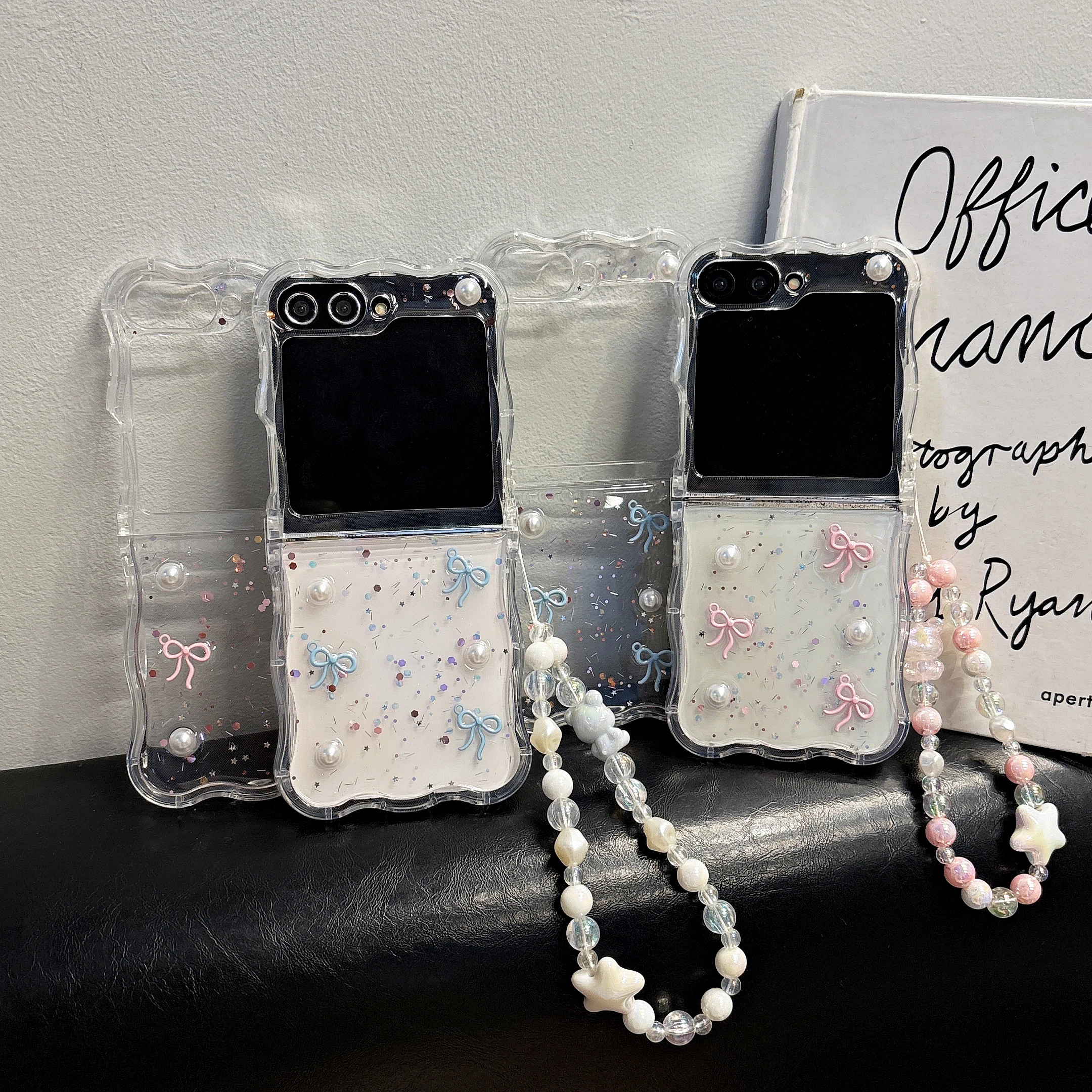 

Back Cover For Samsung Galaxy Z Flip 7 6 5 4 Glitter Pearl Bowknot Wristband Chain Shockproof Phone Case